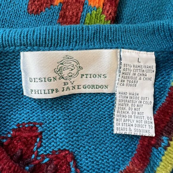 Design Options Philipe Jayne Bright Pattern Floral Blue  Cardigan Sweater Size L - Picture 7 of 8